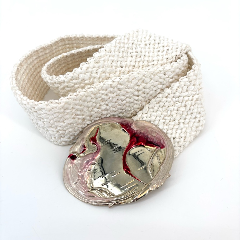 Vintage‎ 80s Charmant Belt Oversized Buckle Woven White Silver Pink Retro Large
